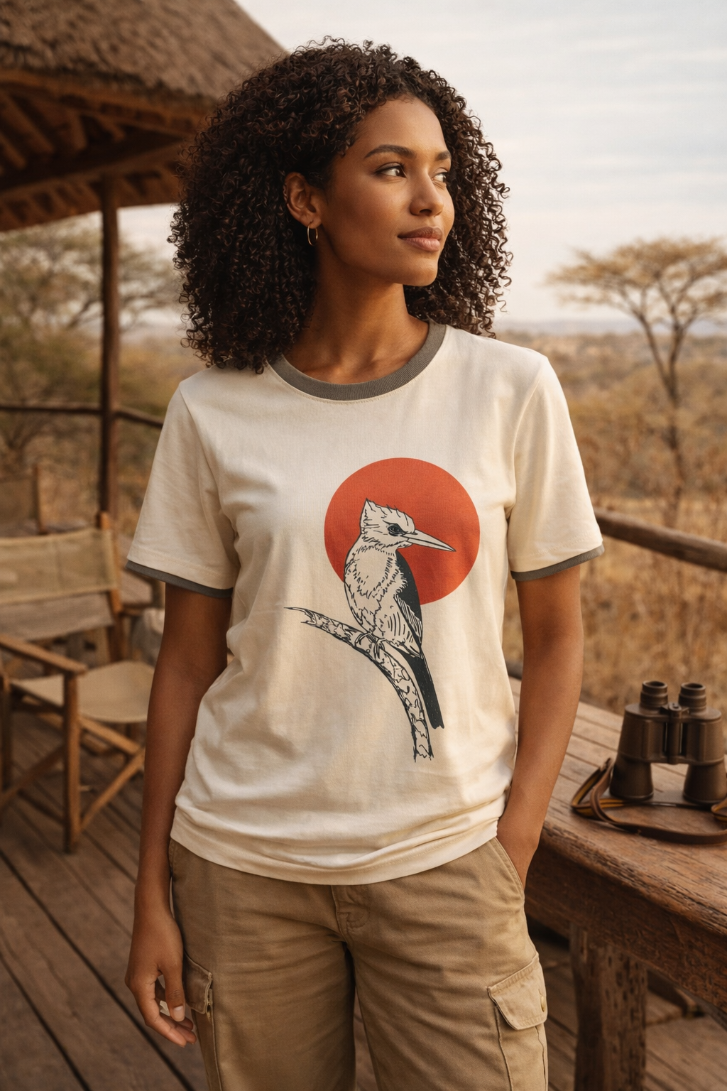 ladies model wearing kingfisher sunset tee