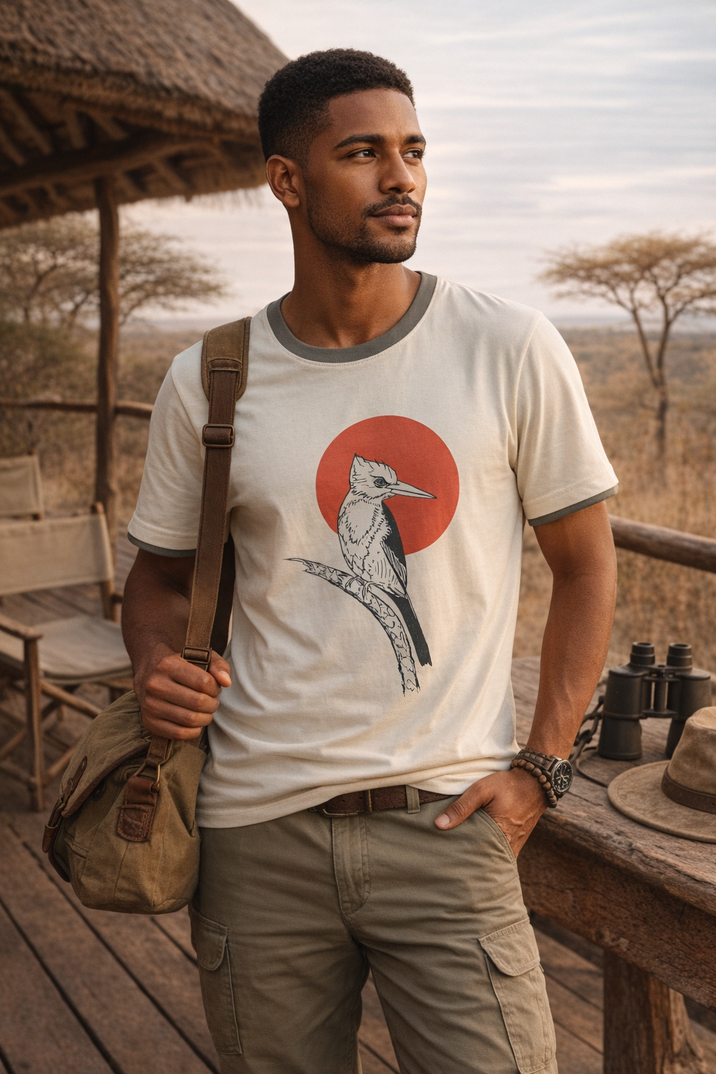 mens model wearing cream and babmoo with orange and olive green kingfisher sunset tee