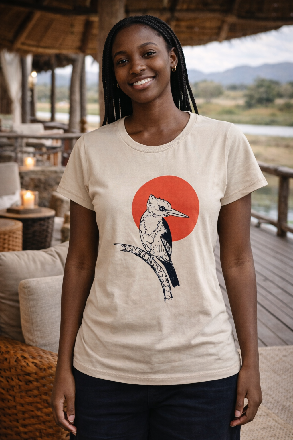 navy kingfisher on cream shirt orange sun ladies tee model